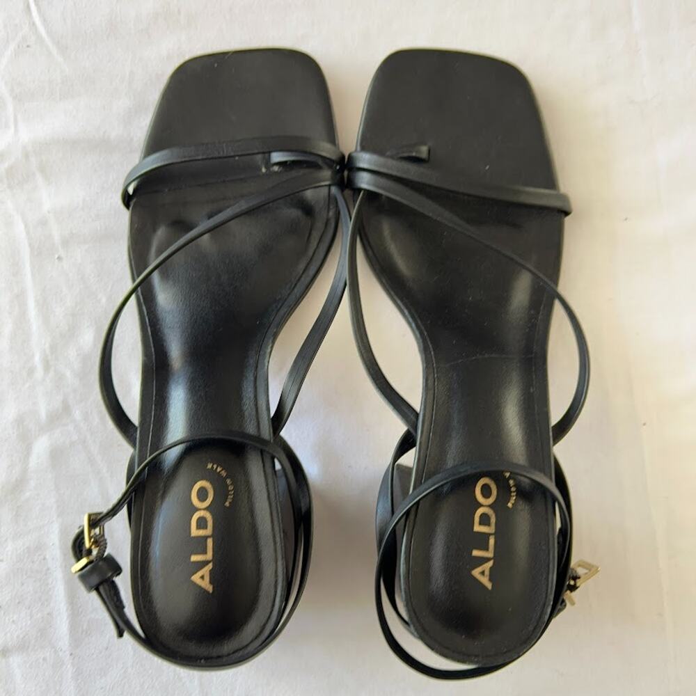 Aldo Square Toe Strappy Black Block Heel Sandal Sz 7.5 EUC Minimalist Capsule